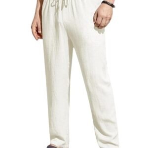 TOPLOT Men's Premium Linen Blend Pants | Lightweight Breathable Fabric | Elastic Waist with Drawstring | Straight Fit | Side Pockets | Perfect for Casual, Holidays & Travel (5268)