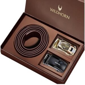 Leather Belt Gift Set | Genuine Leather belt Strap with 2 Interchangeable Buckles | Formal & Casual Wear Adjustable Belt | Automatic lock leather belt for men