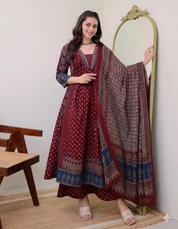 KLOSIA Women's Rayon Printed Anarkali Kurta and Pant with Dupatta Set - Image 3