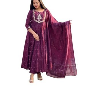 Women's Cotton Embroidery Anarkali Kurti and Pant with Dupatta Set