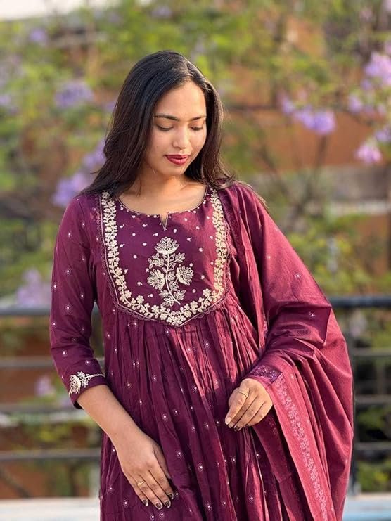 Women's Cotton Embroidery Anarkali Kurti and Pant with Dupatta Set - Image 2