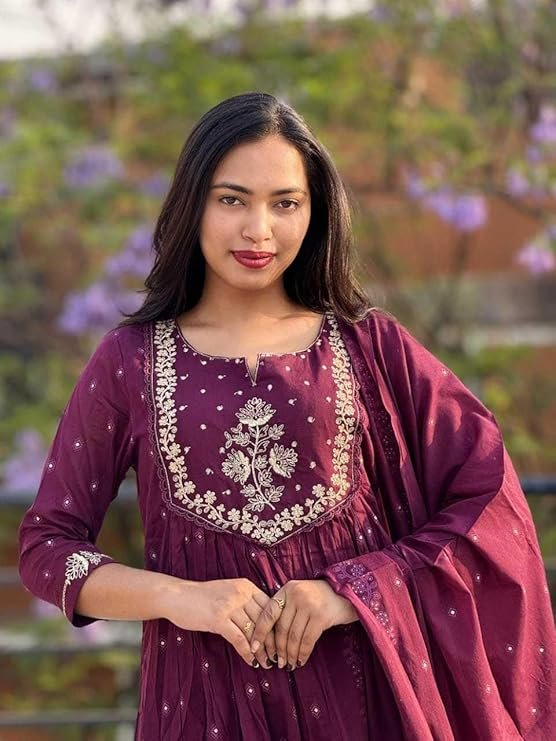 Women's Cotton Embroidery Anarkali Kurti and Pant with Dupatta Set - Image 3