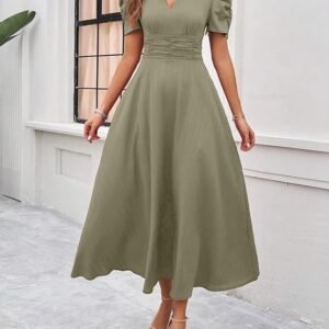 Women's Solid Color V-Neck A-Line Maxi Dress for Women | New Year Party Outfit | Waist Cinched Puff Sleeve Western | Elegant Casual Wear