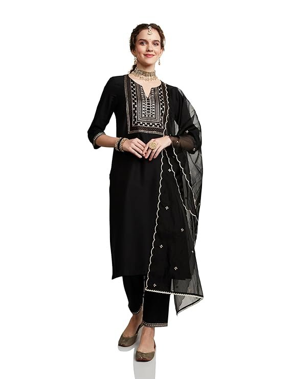 Amazon Brand - Myx Women's Embroidered Kurta Set with Organza Dupatta (Available in Plus Sizes)