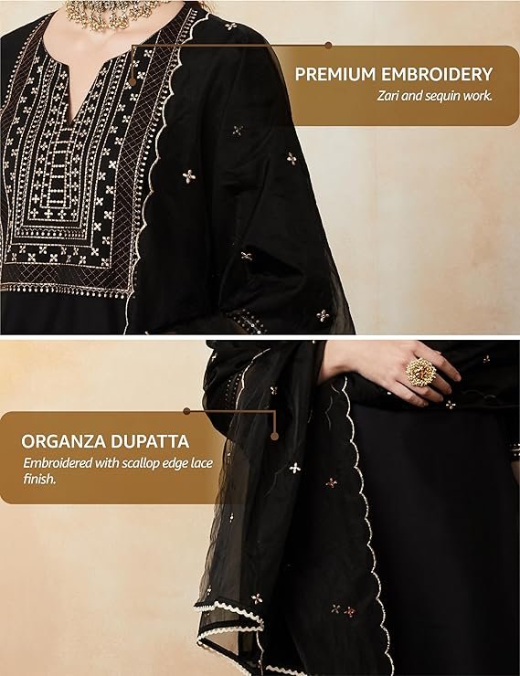 Amazon Brand - Myx Women's Embroidered Kurta Set with Organza Dupatta (Available in Plus Sizes) - Image 3